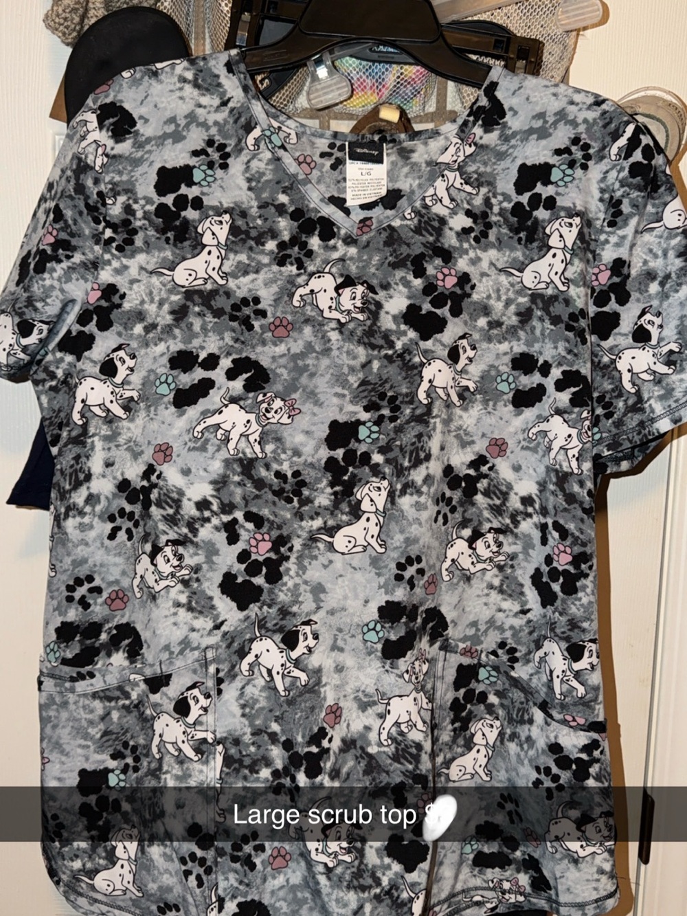 Disney Gray & Black Dalmatian Paw Print Scrub Top
